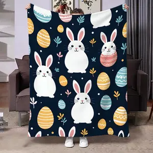 Soft Flannel Blanket with Cute Rabbit Print, Ideal for Bedroom Living Room Sofa Office Home Decor, All Seasons Use