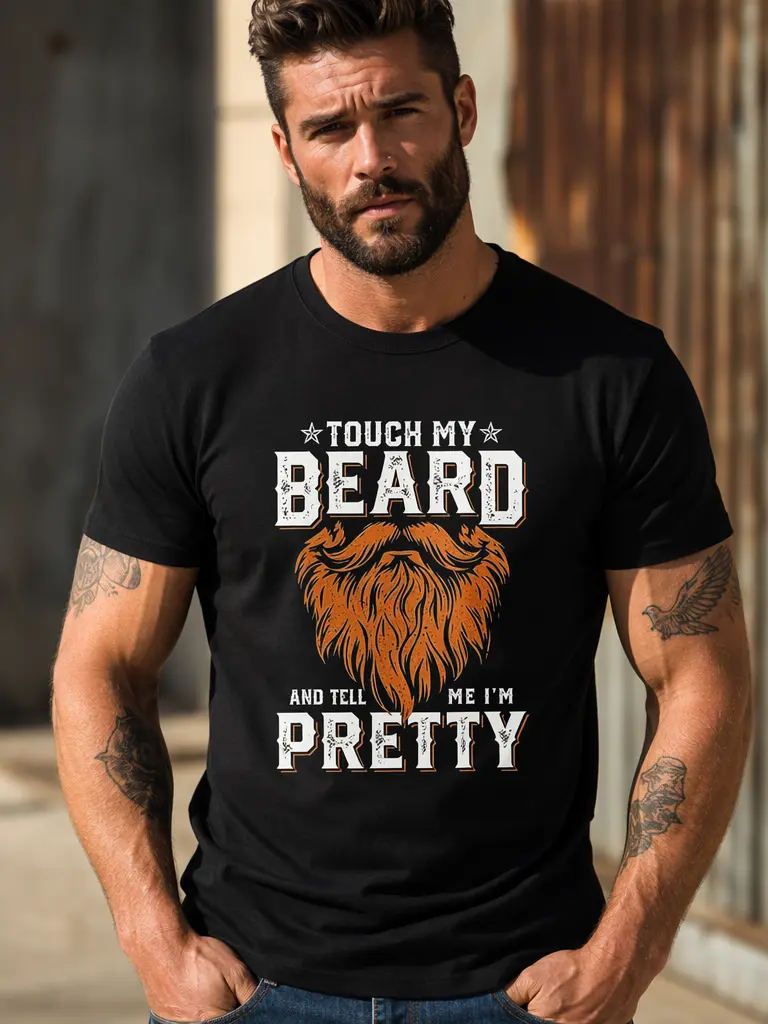 Men's Round Neck Shortsleeve Tshirt - Menswear Streetwear Black Tee, Humorous "Touch My Beard And Tell Me I'm Pretty" Print, Bold Casual Summer Top, Casual Tee, Beard Graphic, Bold Slogan, Confidence Boost, T-Shirt, Printed, Bold Humor, Cotton