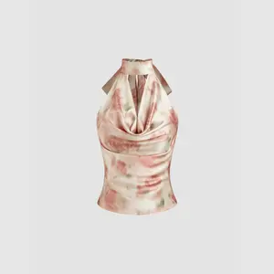 Cider [size 0-10] Satin Halter Neckline Floral Bowknot Tank Top