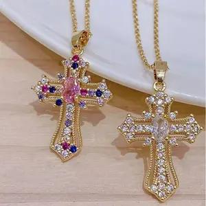 Elegant Women's Cross Pendant Necklace—This simple yet stylish piece is available in a variety of colors and features aquamarine and clear rhinestones. It makes the perfect gift for religious occasions, graduations, birthdays, parties, and anniversaries.