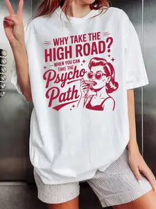 White Oversized "Psycho Path" Retro Vintage Graphic Tee Womenswear - 2026 Trending Sassy Girl Outfit, Soft Cotton Perfect for Hangouts & Daily Looks