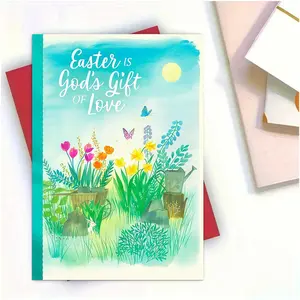 Easter Religious Blessing Watercolor Greeting Card, Fresh Farmhouse Spring Garden Style, Butterfly Floral Healing Scene, Perfect for Easter Gifts