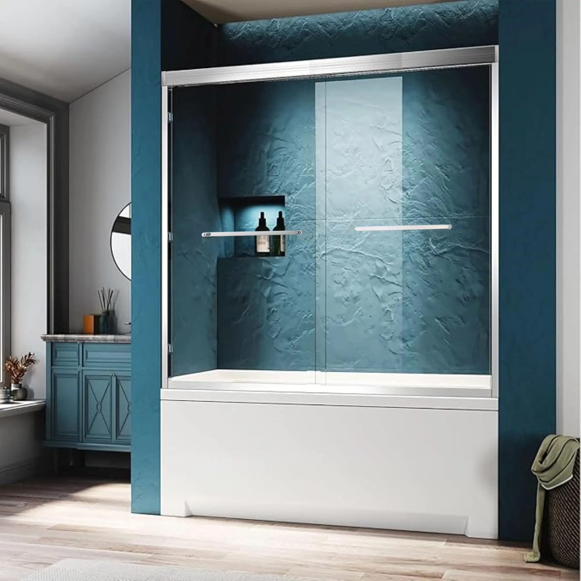 Double Sliding Tub Shower Door, 56-60 Inch W x 60 Inch H, Aluminium Alloy Frame with Chrome Finish, 1/4 Inch SGCC Tempered Clear Glass, Adjustable Width, Soft Close, Modern Bathroom Enclosure