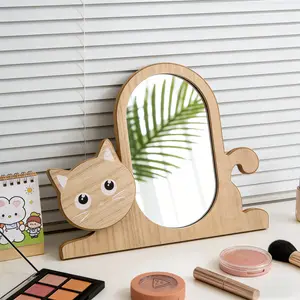 Wooden Handheld Makeup Mirror, Kawaii Cat Pattern, Small Size for Travel, Clear Image, Girls' Bedroom Decoration, Cosmetic Mirror
