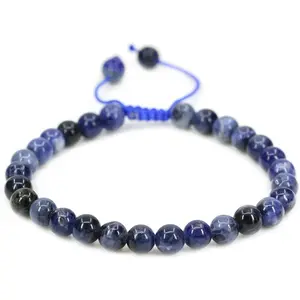 Angelstones Handmade Gemstone 6mm Blue Sodalite Round Beads Adjustable Braided Macrame Tassels Chakra Reiki Bracelets 7-9 inch Unisex
