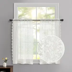 Lace Curtains 36 Inch Length 2 Panels Vintage Rose Floral Farmhouse Sheer Kitchen Curtain Over Sink, Short Lace Curtains for Small Windows, W25 x L36 Inch, Ivory