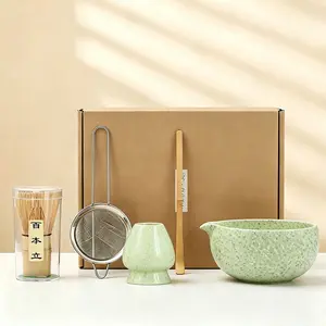 5-In-1 Japanese Matcha Tea Set, Light Speckled Ceramic Bowl, Bamboo Whisk, Tea Sieve, Scoop, Whisk Holder, Beginner's Matcha Kit