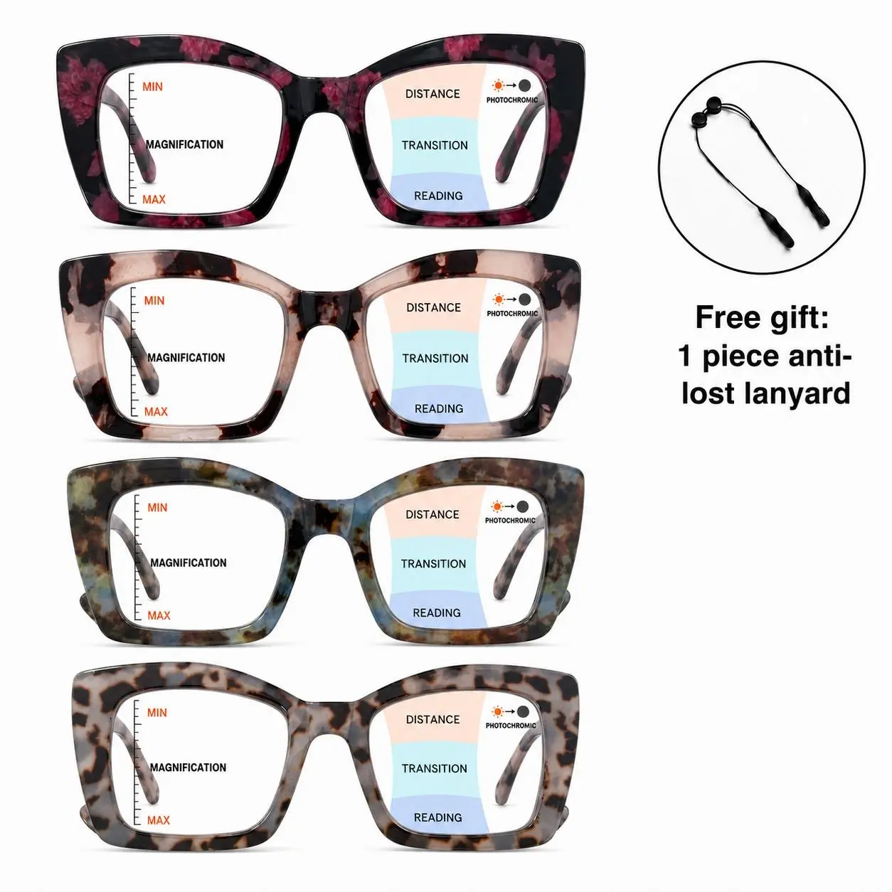 Progressive Multifocal Square Reading Glasses for Men & Women, Blue Light Blocking Computer Readers, Spring Hinge Lightweight Eyeglasses for Work, Reading & Daily Use