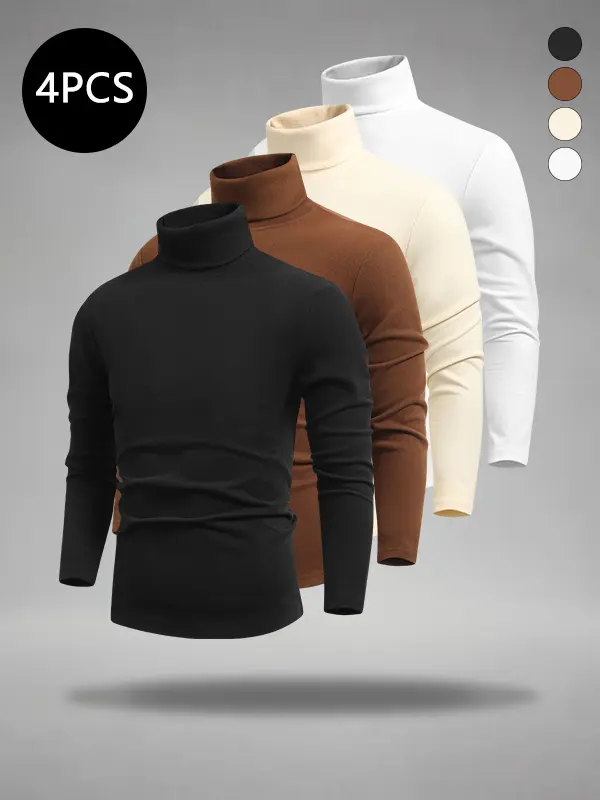 4-Pack Men’s High-Neck Solid Color Long-Sleeve Base Layer Tops for Everyday Casual Wear — Loose Fit, Comfortable, Classic, Versatile