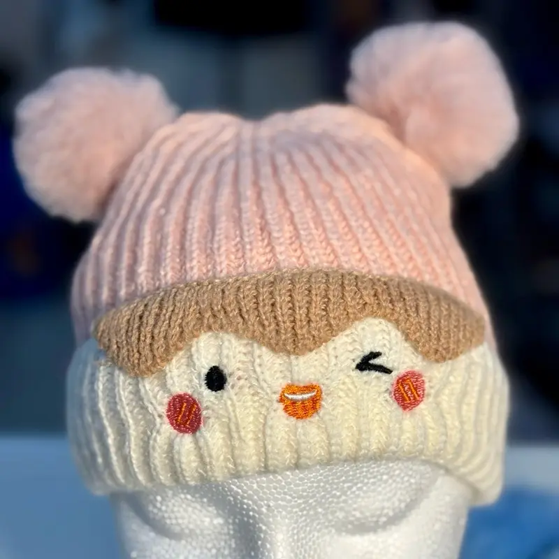 Smiley Pom Pom Beanie Cozy & Cute Knit Hat with Adorable Face Design and Soft Material for Winter Comfort