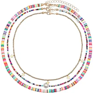 Surfer Heishi Bead Choker Necklace For Woman Star Pearl Polymer Clay Record Disc Beads Layered Necklace Boho Beach Necklace jewelry