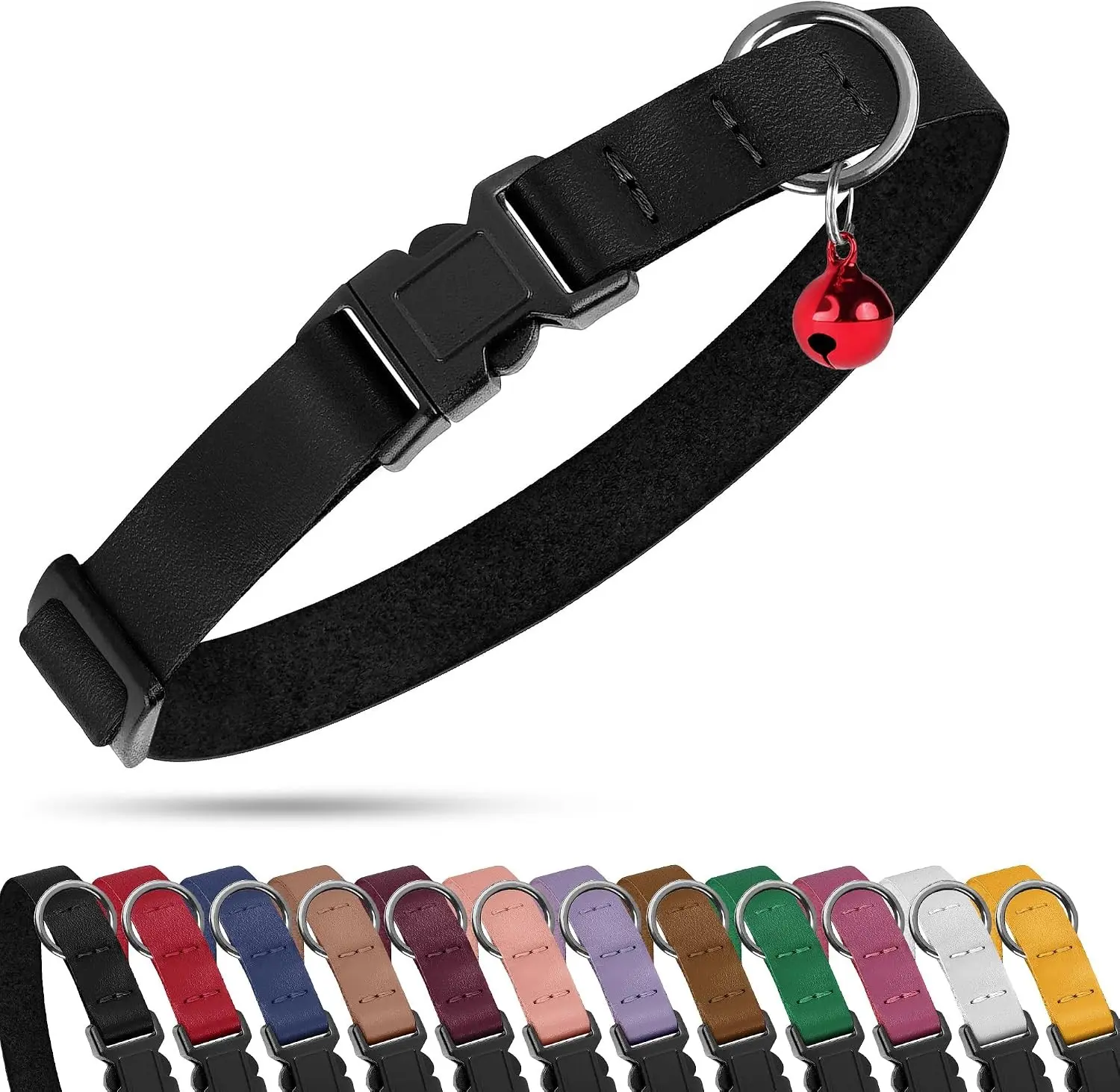 Cat Collar with Bell - Leather Adjustable Kitten Collars with Safety Quick Release Buckle - Soft Small Pet Collars for Girl & Boy Cats