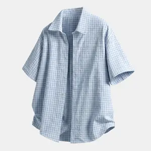 Plaid short-sleeve shirt with an adjustable hem; men’s summer color-block plaid shirt jacket; new plaid collared drop-shoulder shirt jacket