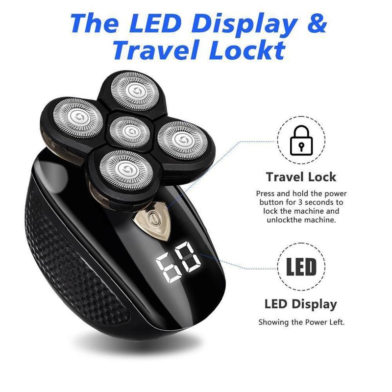 Rechargeable Bald Head Hair Beard Trimmer Razor Wet Dry, 5 in1 Head Shavers for Bald Men, Detachable Cordless Shaver, 5D Electric Razor Waterproof for Bald Men, Wet/Dry LED Display Rechargeable Rotary Shaver Grooming Kit,