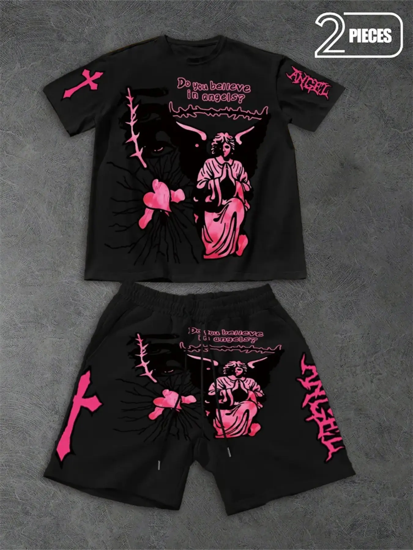 Unisex Loose Fit Angel Thorn Cross Heart Print Set, Y2K Street Style T-Shirt & Shorts, Casual Graphic Clothes Summer Casual Set