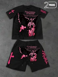 Unisex Loose Fit Angel Thorn Cross Heart Print Set, Y2K Street Style T-Shirt & Shorts, Casual Graphic Clothes Summer Casual Set