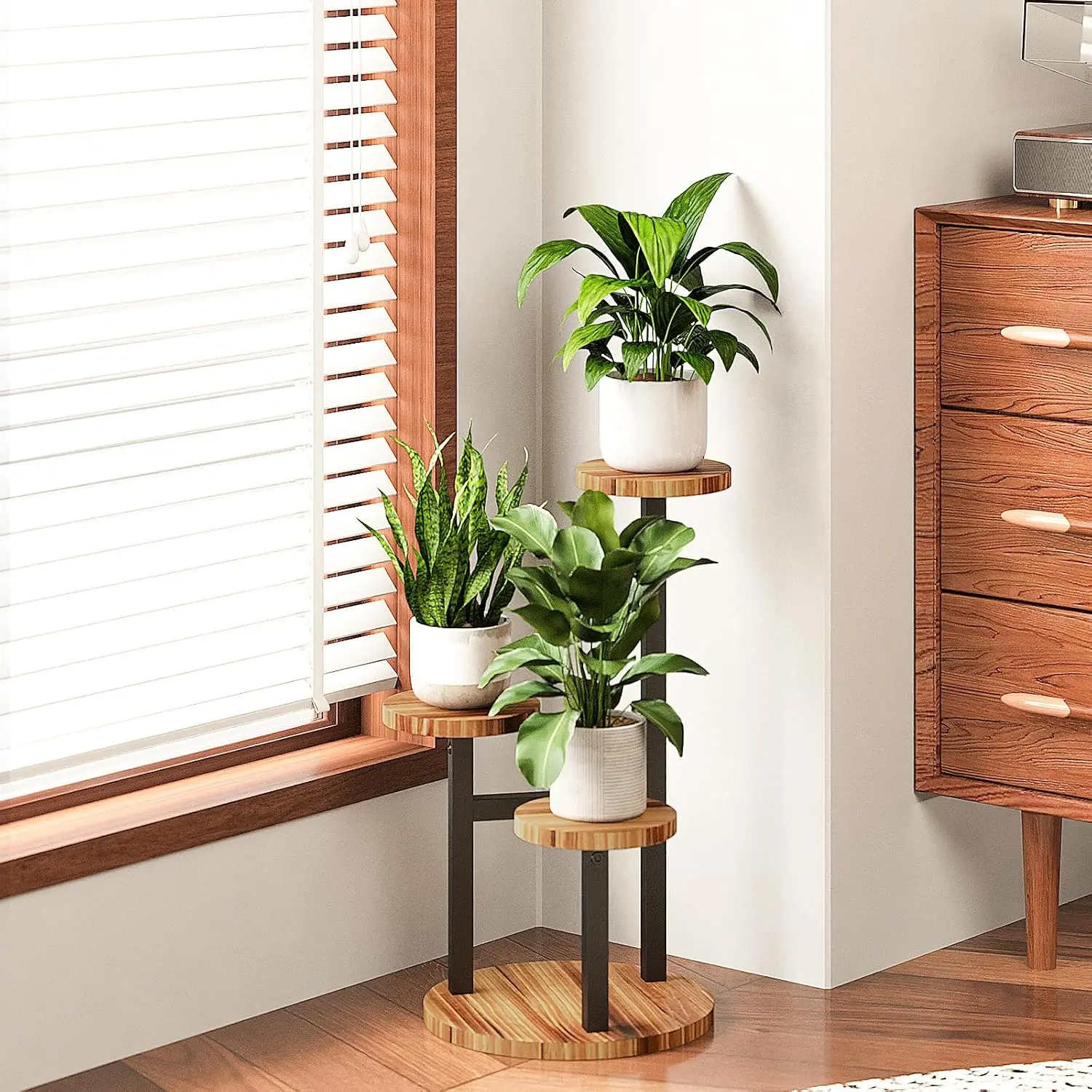 Bamworld 3 Tier Plant Stand Indoor, Corner Metal Plant Shelf for Multiple Plants, Small Tiered Round Flower Stand for Patio Garden Balcony Living Room Bedroom
