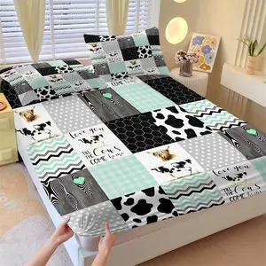 3Pcs Highland Cow Theme Western Farmhouse Print Fitted Sheet Set, Mint Green Cow Patchwork Bed Sheet Set, Rustic Bedding Set with 2 Pillowcases, Soft Microfiber Deep Pocket, No Fillers, for Teen Bedroom, Great Farmhouse Gift