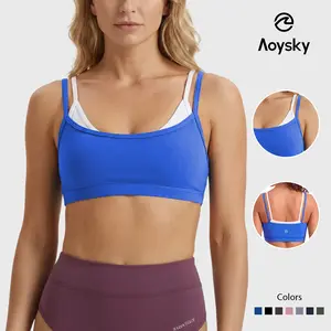Aoysky Women's Wireless Padded Double Spaghetti Strap Mock Layered Sports Bra for Women, Yoga Workout Crop Top