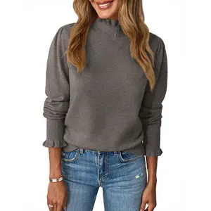 UNCLECAT Womens Ruffle Mock Neck Sweater Casual Puff Long Sleeve Fall Knit Trendy Pullover Sweater Tops