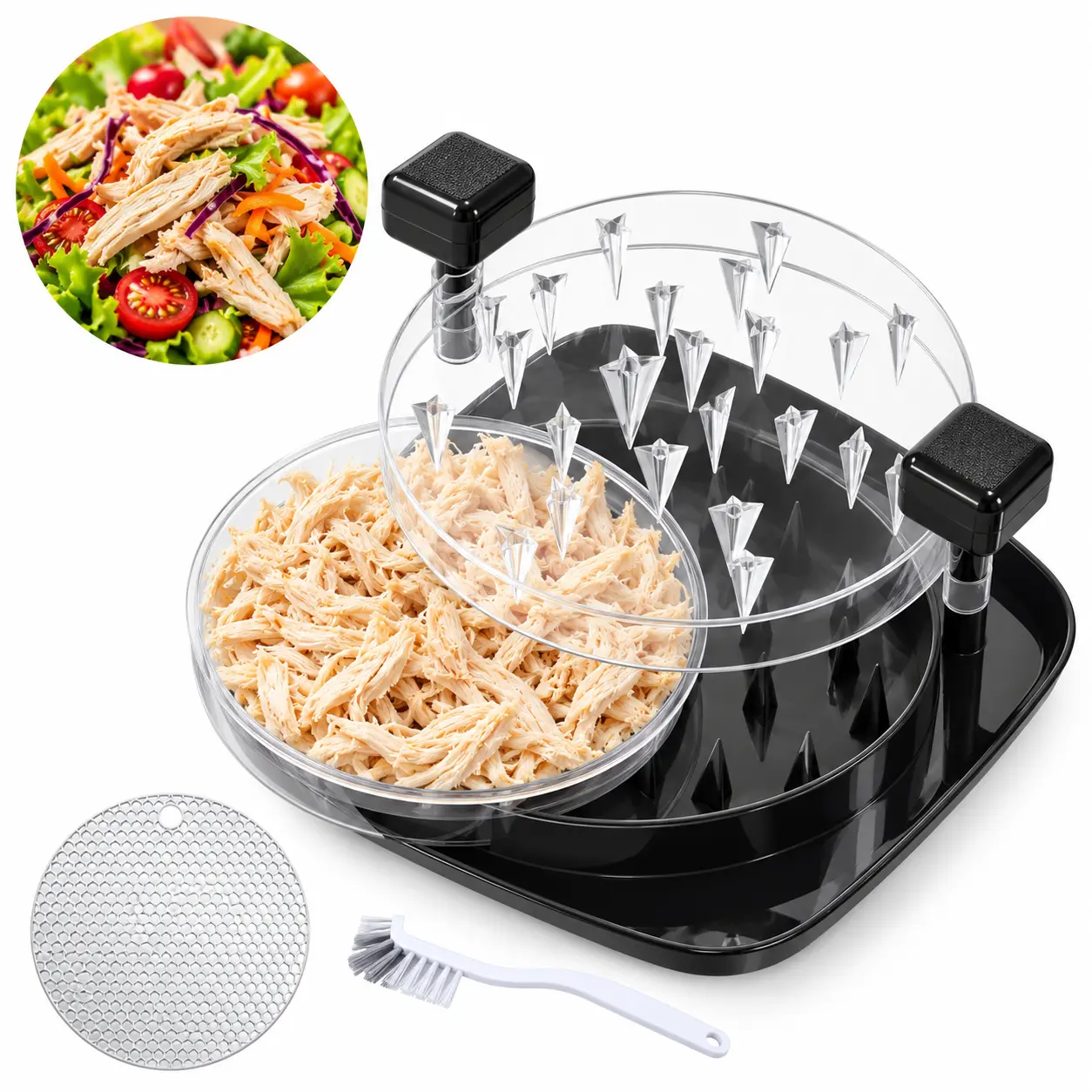 Chicken Shredder Tool with Clear Lid, Manual Meat Shredder for Cooked Chicken, Pork & Beef, Anti-Slip Base, Easy Meal Prep Kitchen Gadget