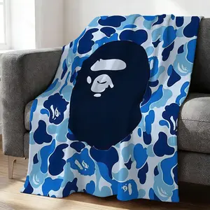 Stylish Blue Monkey Head Throw Blanket, Graphic Camouflage Flannel Blanket for Home Decor, Cozy Soft Blanket for Camping, Traveling, and Office Warmth - Perfect for Modern Living Spaces!