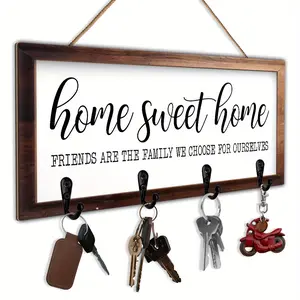 1PC 2D Flat Wooden Wall Key Holder with 4 Hooks, "home sweet home", Home Decor, New Home Gifts, Modern Rustic Home Decor, Kitchen Accessories, Bathroom Decor, Bedroom Decor