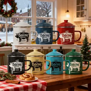 PGYARD Bacon Grease Saver with Strainer,Farmhouse Bacon Grease Keeper,Vintage Enamel Grease Container,Rustic Fat Saver & Cooking Oil Keeper with Spoon,Oil Can Fat Storage for Kitchen, Dishwasher Safe