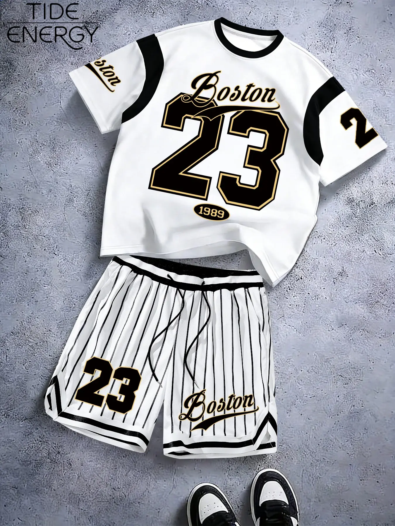 Men's Vintage Boston 23 Throwback Jersey Sport Set, Fitness Outfit, 1989 Retro Colorblock Sleeve T-Shirt & Fine Stripe Shorts, Basketball Street Style Summer Casual Wear