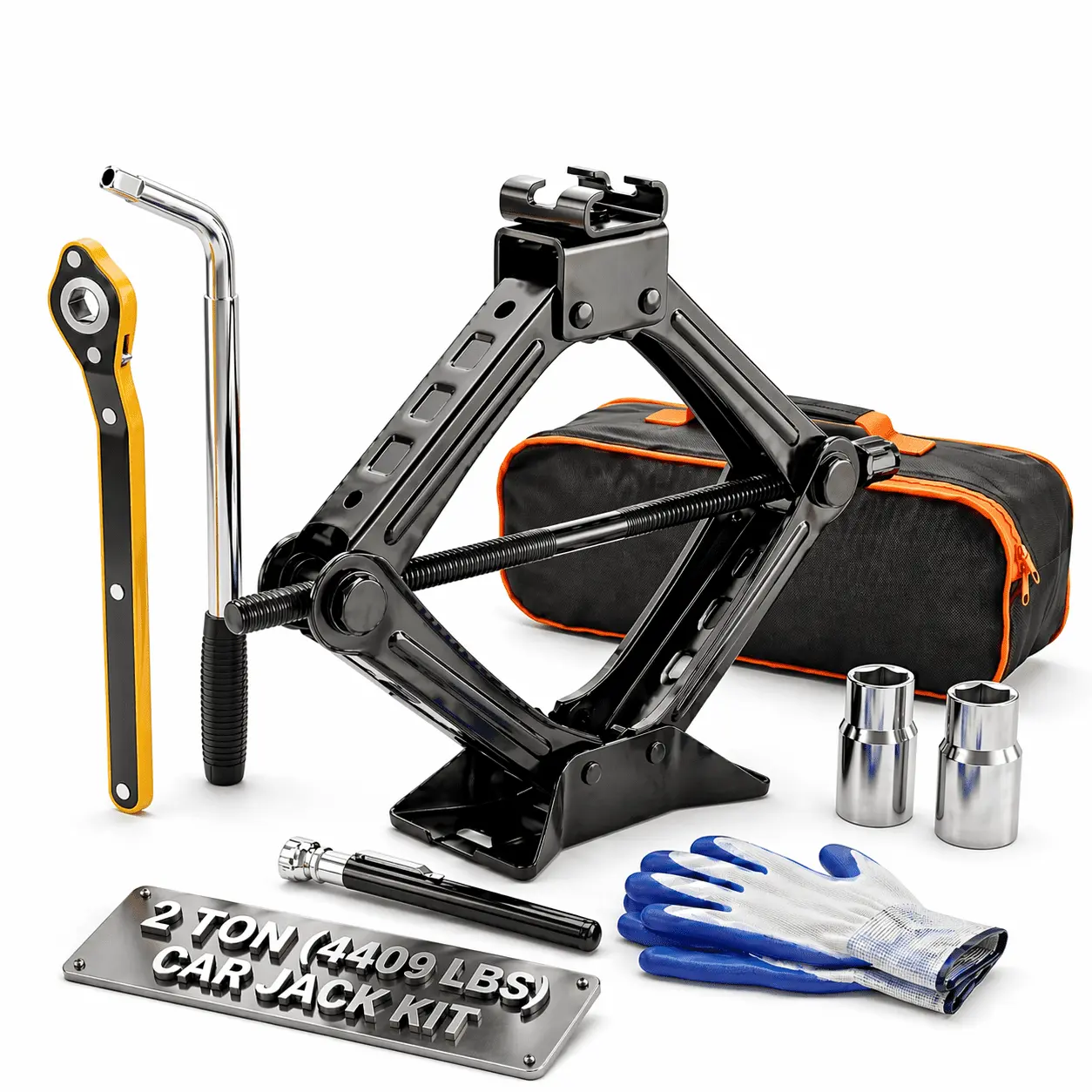 Portable Scissor Jack Kit with Ratchet Wrench, Car Tools, Gloves, and Sedan Cars Accessories for Vehicle Tire Repair