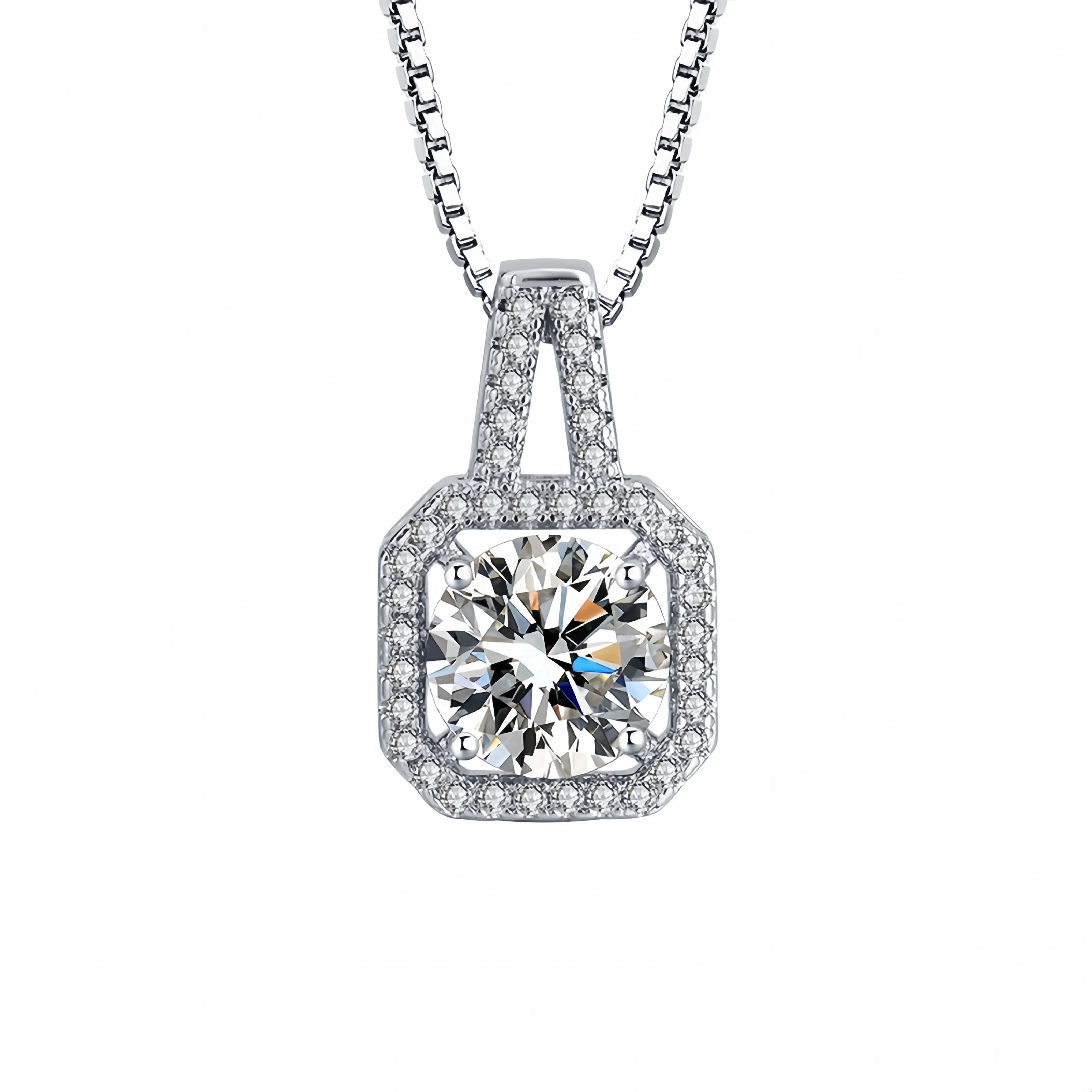 Women's 925 Sterling Silver Halo Square Geometric Shape Pendant Necklace - Pendant for Chain, Elegant Fashion Costume Jewelry Accessory Gift, Cubic Zirconia, Halo Setting, Square Shape, Birthday, Classic Cushion Halo