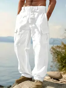 Men's Textured Wide-Leg Workwear Pants, Casual Loose-Fit Trousers, Breathable Fabric, Multi-Pocket Design, Beach & Daily Wear, Cargo Pockets