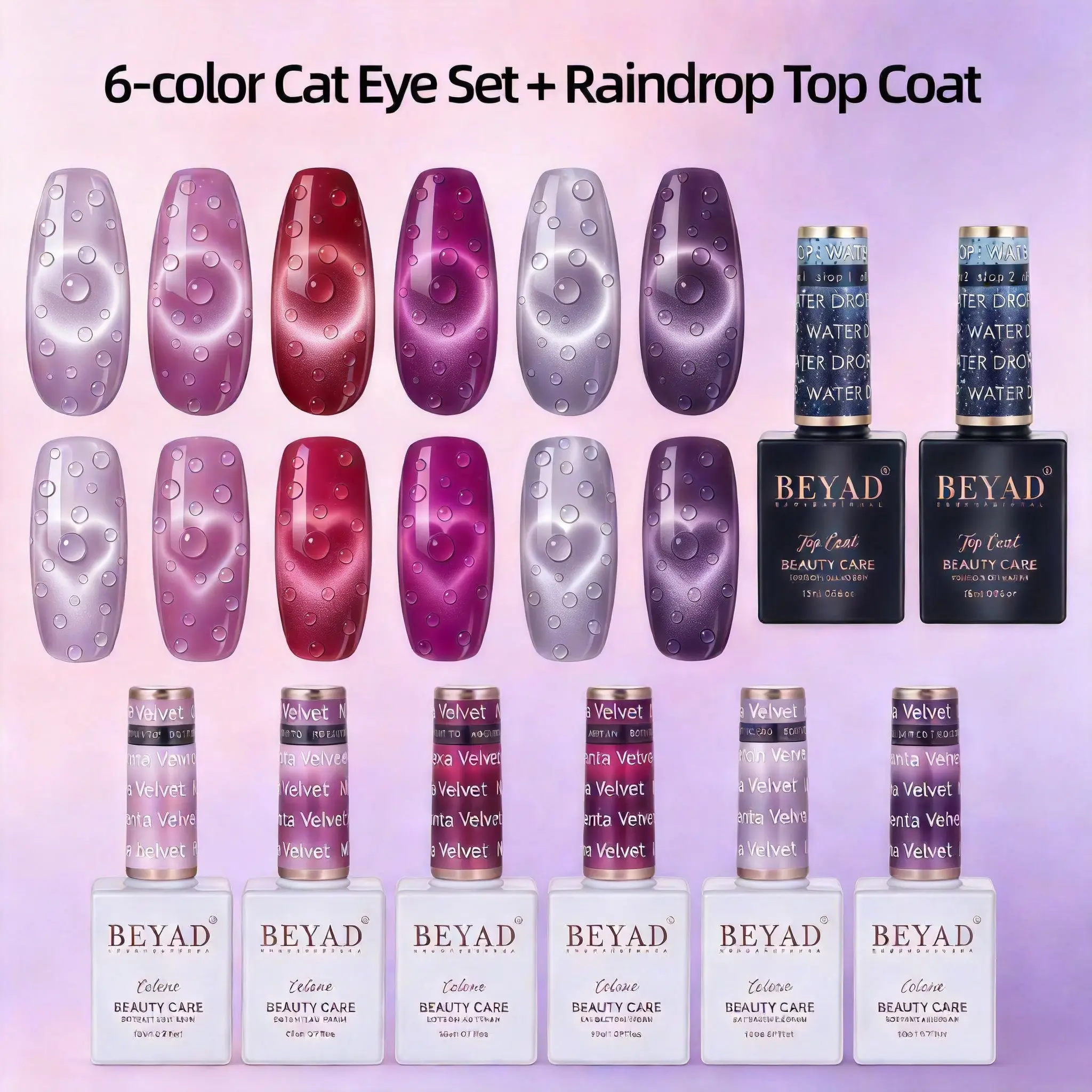 Beyad Viral "Juicy Berry" Nail Bundle - Magenta Velvet Cat Eye Gels, 3D Water Drop Finish Art Products