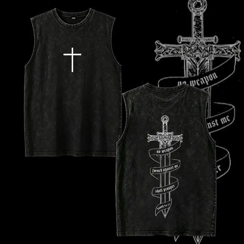 No Weapon Formed Against Me Vintage Washed Oversized Christian T-Shirt, Sword and Cross Faith Graphic Tee, Isaiah 54:17 Scripture Heavy Cotton Dark Streetwear Top, Unisex Retro Christian Warrior Shirt