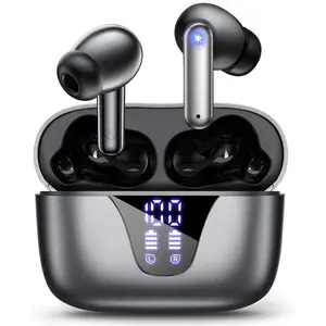 Wireless Earbuds Bluetooth Headphones, 50H Playtime Ear Buds with Mic, LED Digital Display Charging Case, IPX7 Waterproof, Deep Bass Stereo, in-Ear Earphone for iPhone Andriod Phone - Steel
