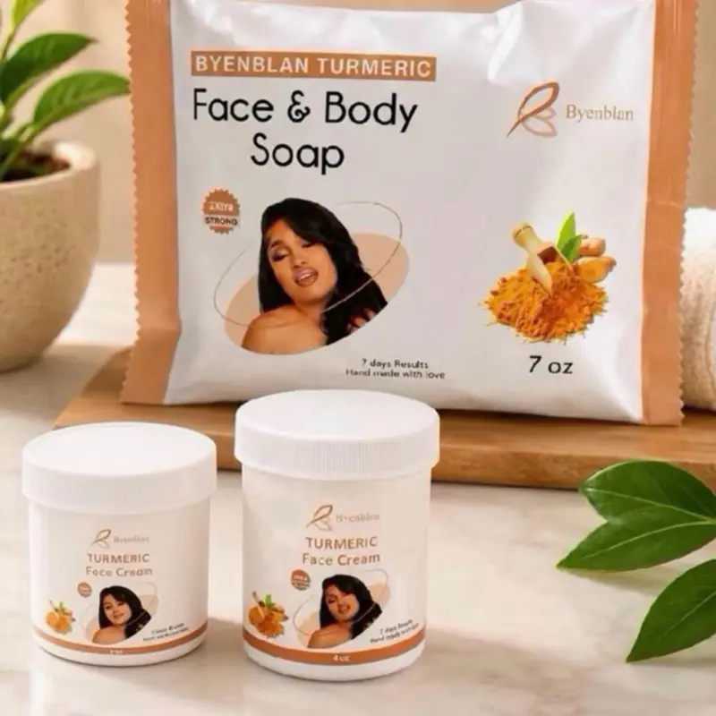 Byenblan Turmeric Cosmetic Repair Set - Includes 7 oz Face & Body Soap, 4oz cream , 2oz Face Cream for Skin Care  Daily use