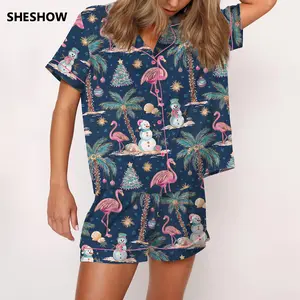 SHESHOW Flamingo Christmas Silky Satin Pajama Set For Women Print Comfy Satin Sleepwear & Loungewear Pjs Printing Silky Top & Bottoms