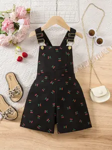 Girls' Strap Pants with Strap Design and Fruit Cherry Pattern Print, Summer Ready Summer Romper with Pockets, Casual Beach Wear, School, Spring & Summer