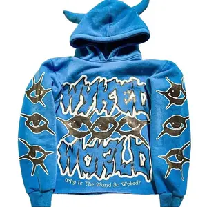 Y2K Harajuku Hoodie with Horn Hat for Men and Women - Funny Printed Casual Top, Black, Long Sleeve, Sweatshirt Pullover, Wetsuit, Black