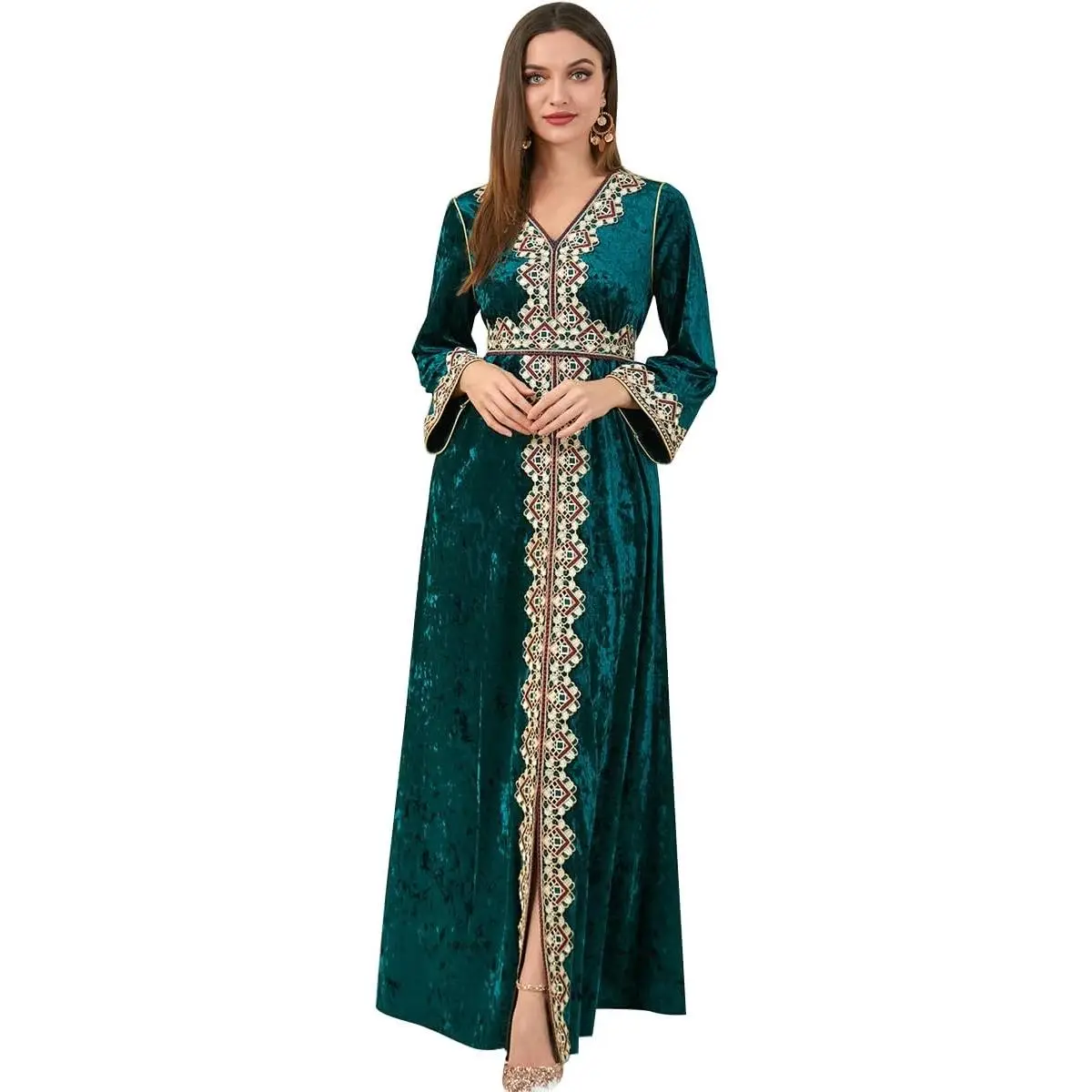 Muslim Kaftan Abaya Moroccan Fashion Autumn Winter Long Sleeve Dress for Eid Ramadan