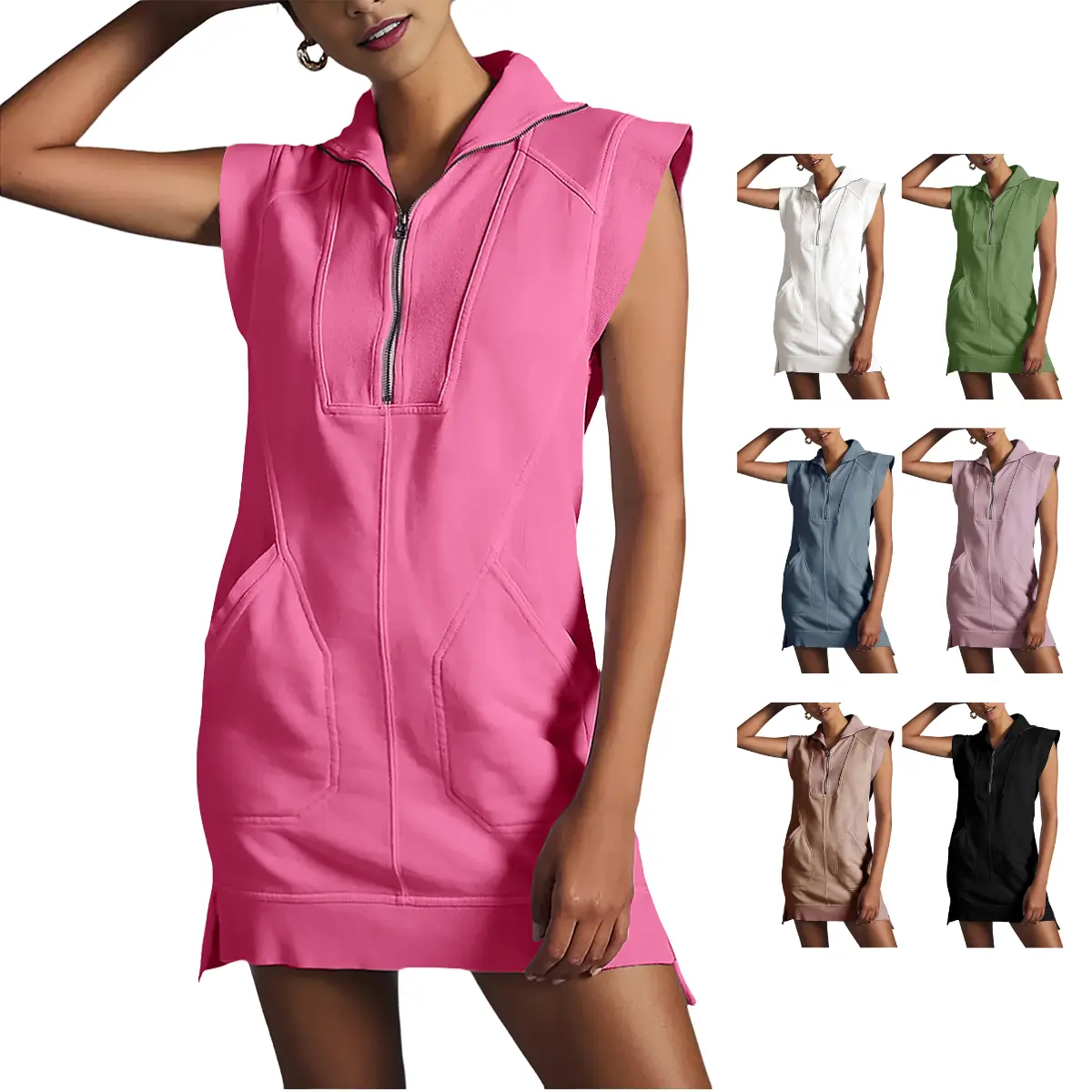 SCUSTY Womens Half Zip Sweatshirt Dresses Tops Mini Dress Summer V Neck Sleeveless Pullover Tunic