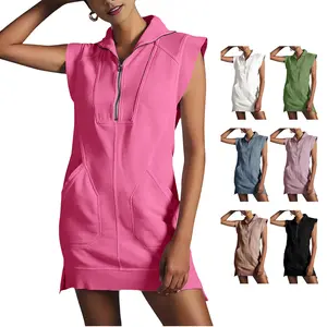 SCUSTY Womens Half Zip Sweatshirt Dresses Tops Mini Dress Summer V Neck Sleeveless Pullover Tunic
