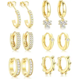 6-Pair Gold Huggie Hoop Set | 14K Gold Plated Stainless Steel | Dainty CZ Dangle & Cuff Earrings | Hypoallergenic Ear Stack for Sensitive Ears