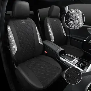 Car Seat Covers 2 Front Sets, Waterproof Shining Glitter Sparkly Crystal, Universal Fit for 95% Automotive Truck SUV, Black Silver Rhinestone, Cute for Women Girls