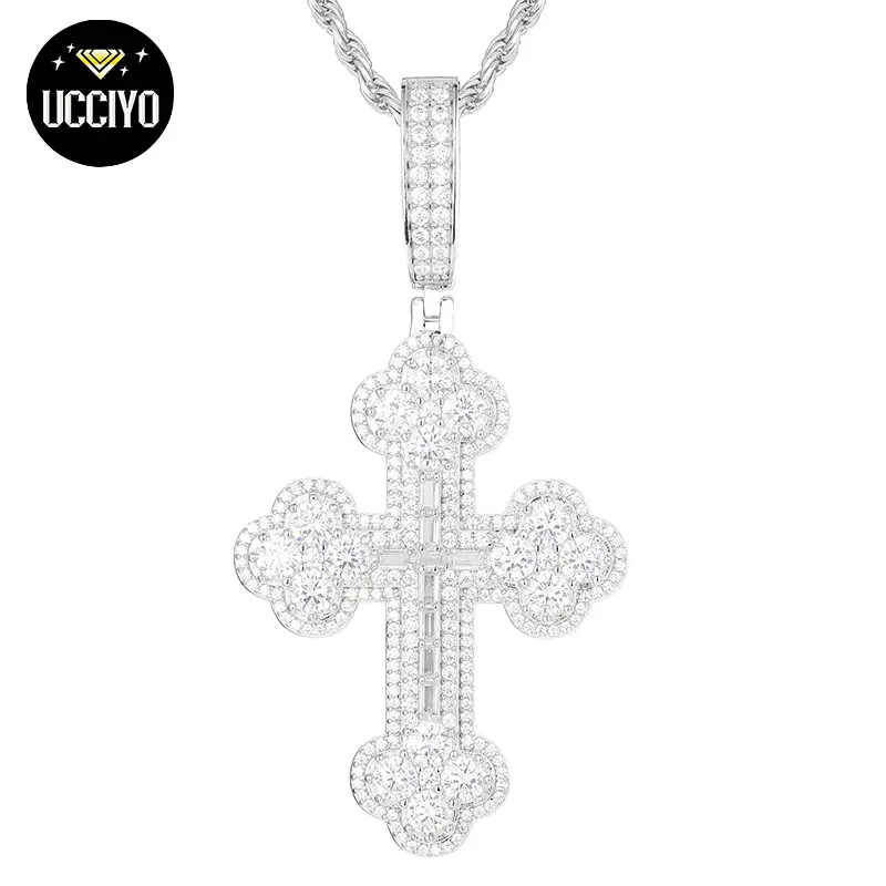 【#P441】S925 Sterling Silver Synthetic Moissanite Pendant Necklace Cross Pendant Fashion Suitable for Men and Women Hip Hop Rap Jewelry Gift