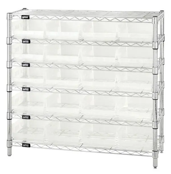 Quantum Storage WR6-36-1236-107CL 6 Shelf Wire Shelving Unit With 20 Clear Plastic Storage Bins, 12 x 36 x 36 in.