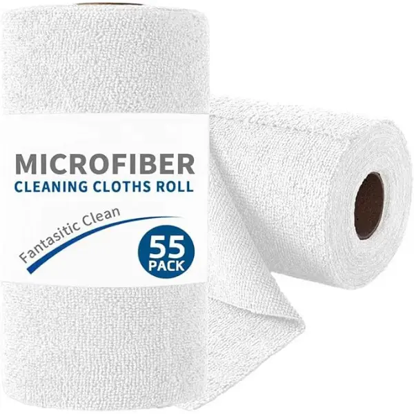 Back to School Microfiber Cleaning Cloth Roll, 55 Pack Tear Away Reusable Cleaning Towels, Ultra Absorbent Lint Free Cloths for Kitchen, Car Detailing, Windows, Home, Office & Classroom, 11 x 9 Inch White