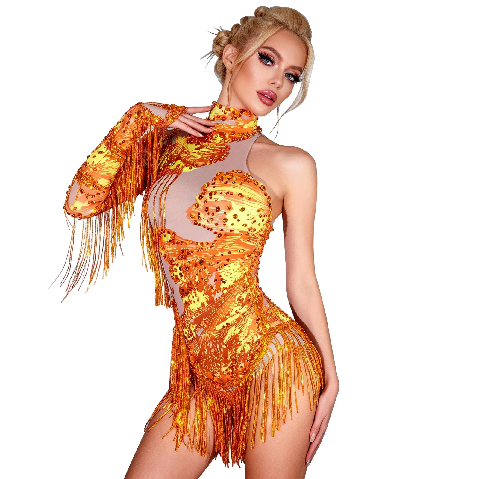 Women’s Rhinestone Fringe Dance Bodysuit, One Shoulder Long Sleeve Mesh Performance Costume for Latin Ballroom Stage Shows