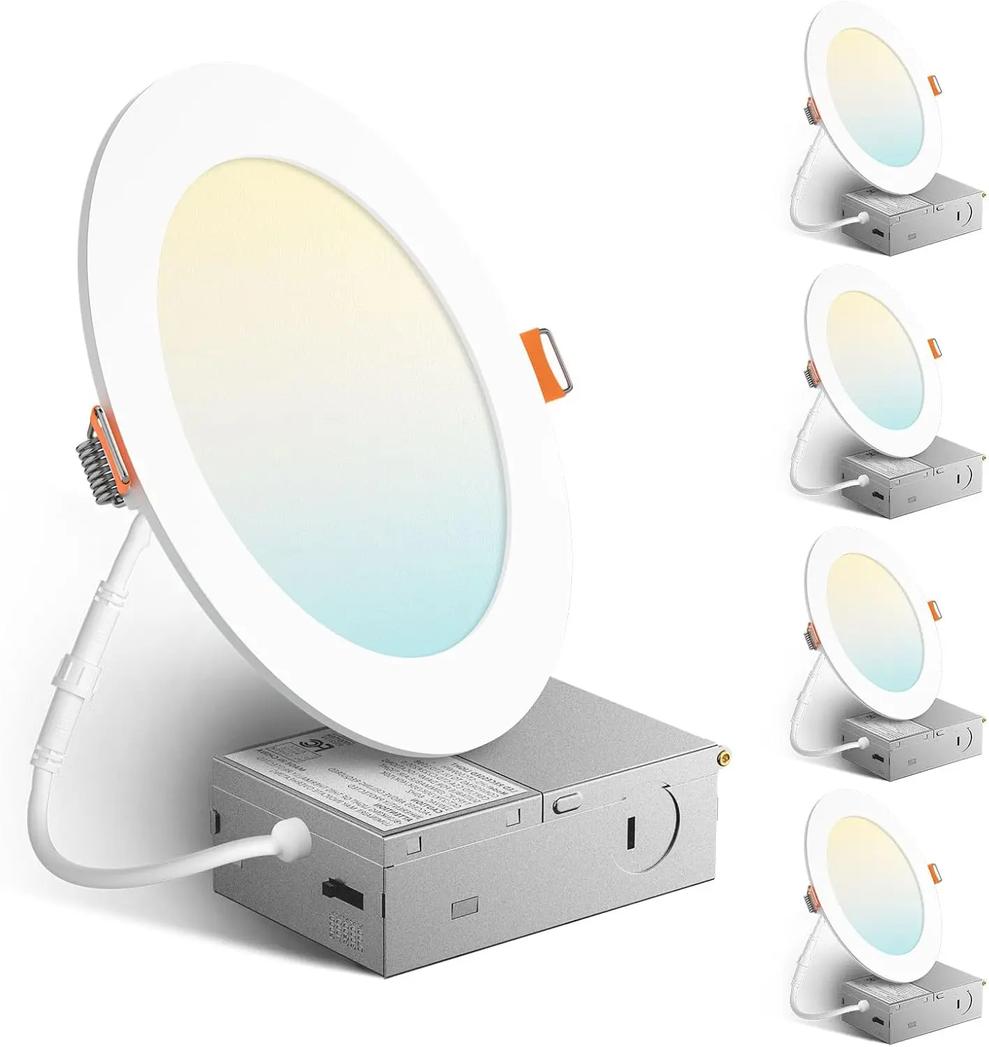 4 Pack 6 Inch 5CCT Ultra-Thin LED Recessed Ceiling Light with Junction Box, 2700K/3000K/3500K/4000K/5000K Selectable, 1050 Lumens, Dimmable Canless Wafer Downlight, 12W Eqv 110W-ETL&FCC