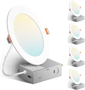 4 Pack 6 Inch 5CCT Ultra-Thin LED Recessed Ceiling Light with Junction Box, 2700K/3000K/3500K/4000K/5000K Selectable, 1050 Lumens, Dimmable Canless Wafer Downlight, 12W Eqv 110W-ETL&FCC